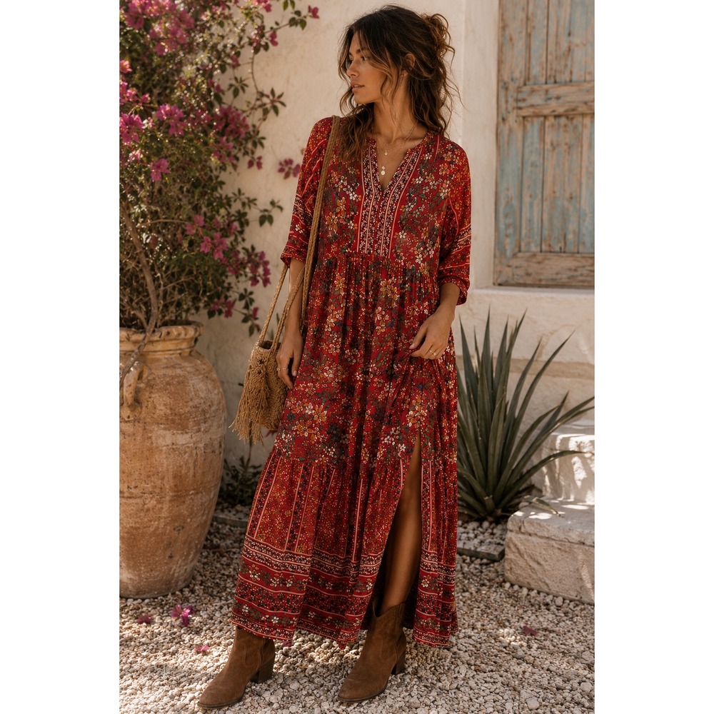 Roolee Red Floral Boho Maxi Dress J3353-R V-Neck 3/4 Sleeve Womens Small